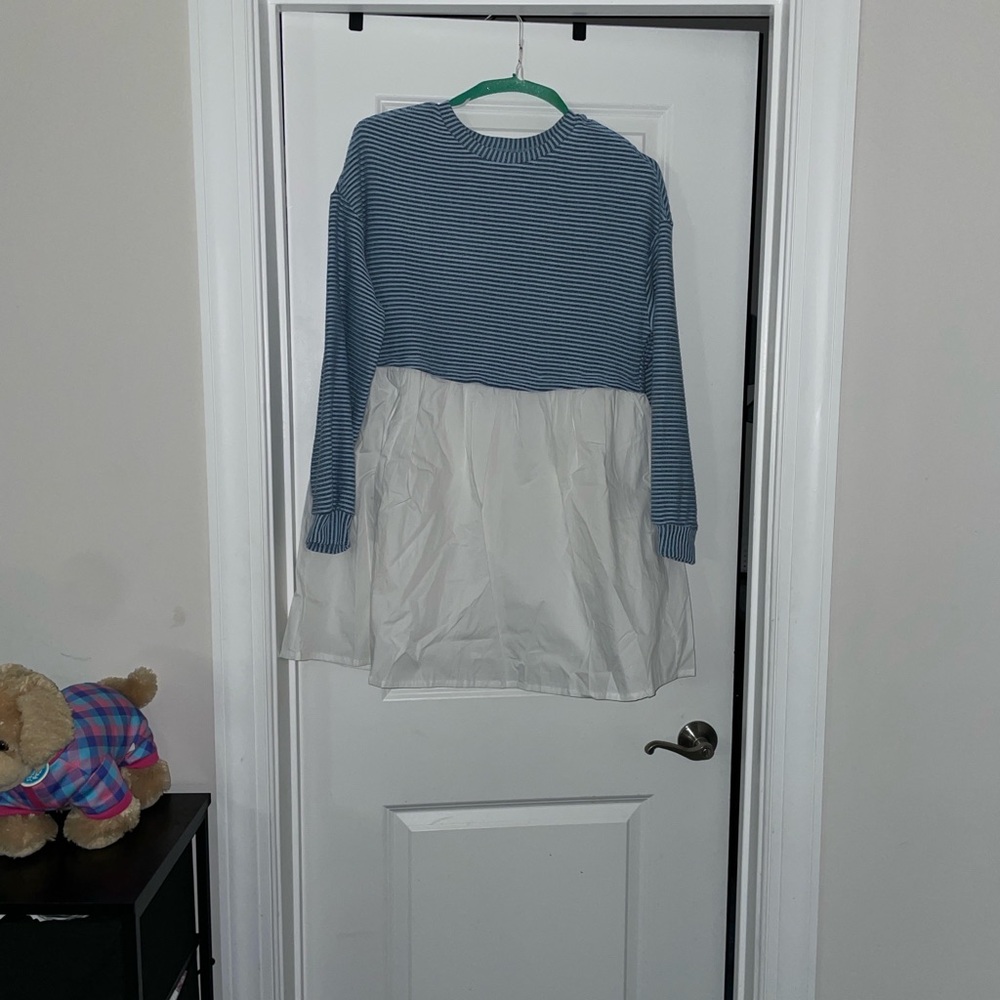 Blue Striped Top with White Layered Hem